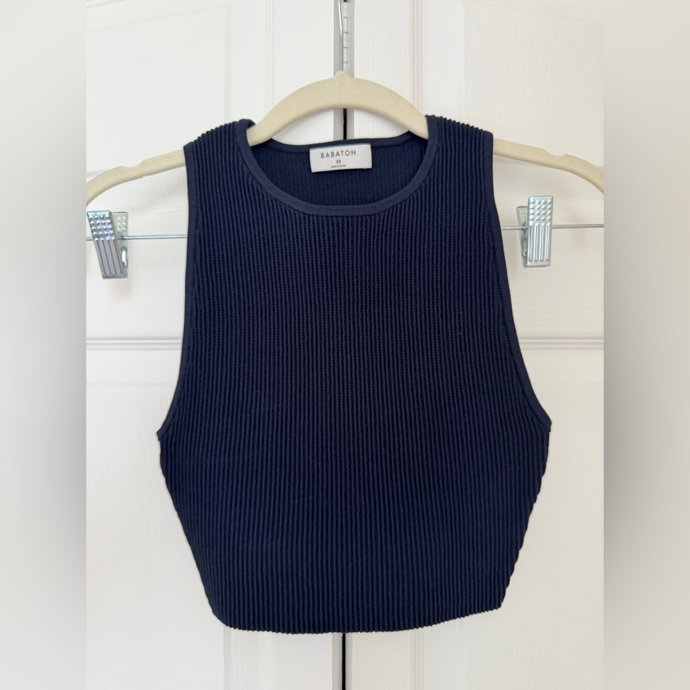 Babaton Dark Blue Ribbed Tank Top Cropped